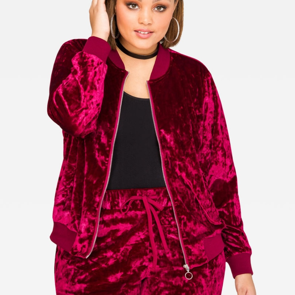 Burgundy velvet bomber jacket